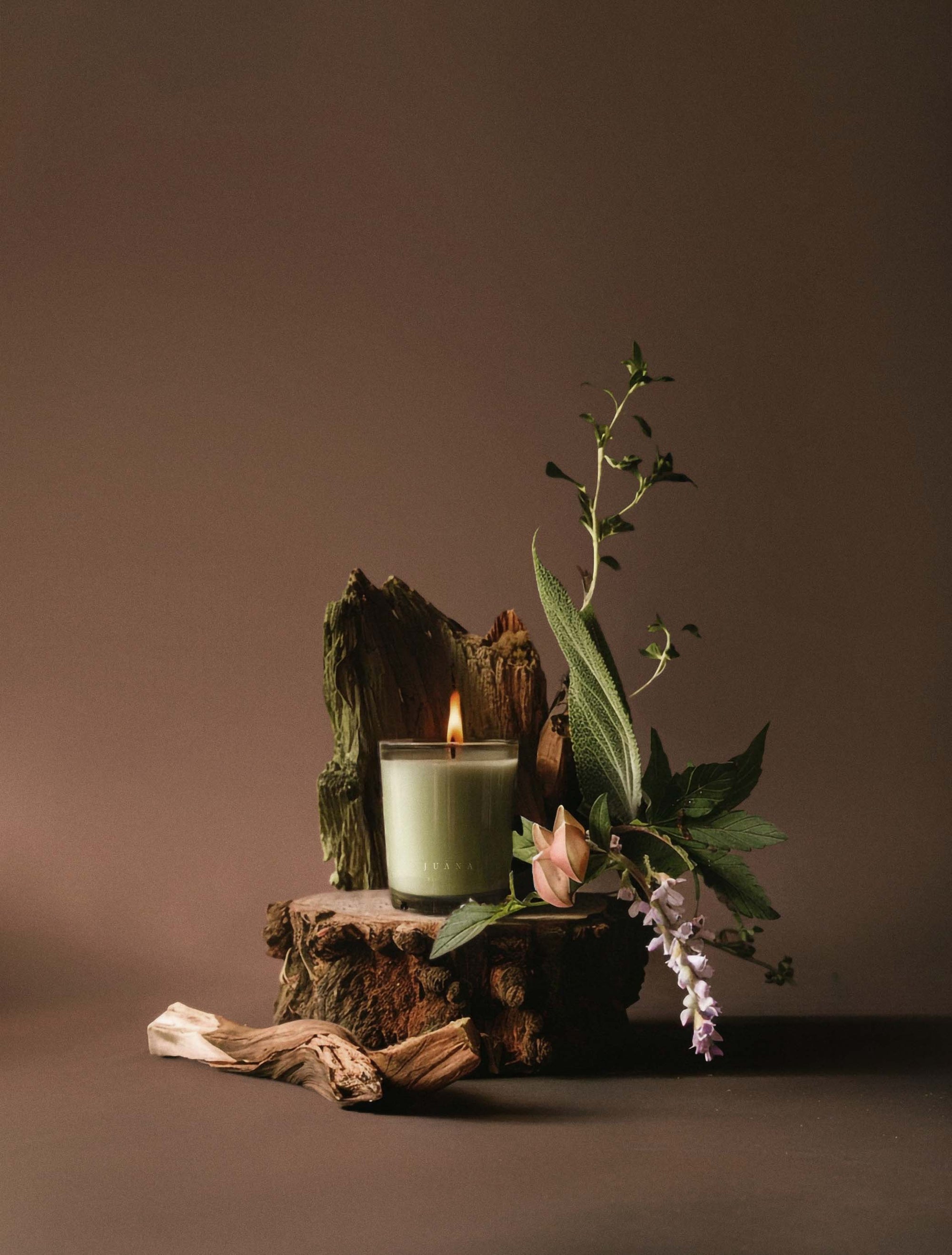 Juana Sage Indica Calm apothecary candle with ikebana-inspired botanical arrangement, crafted with vegan coco-apricot wax, eco-friendly.