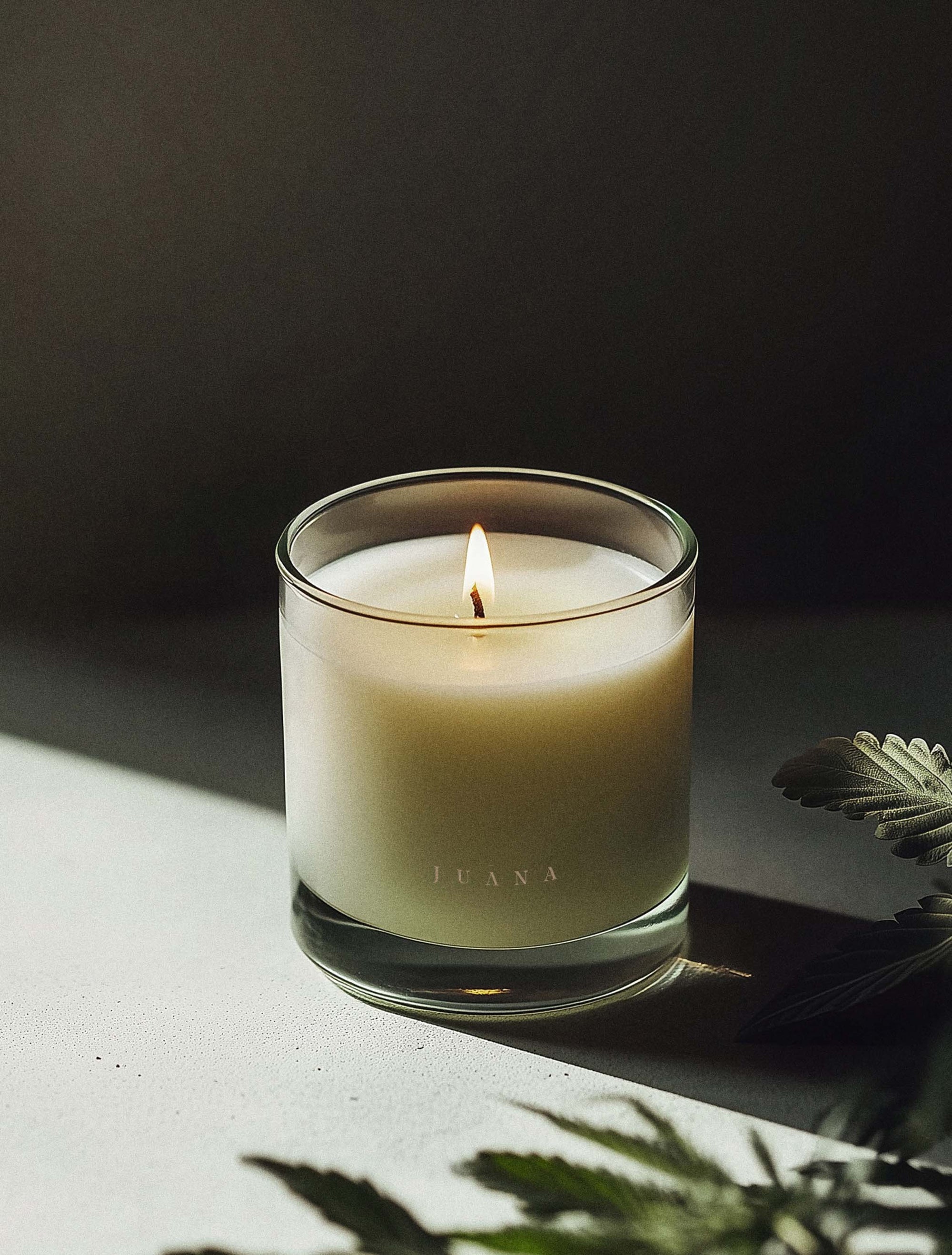 Juana Sage Indica Calm apothecary medium candle in jar with minimal prop, vegan coco-apricot wax, non-toxic and eco-friendly.