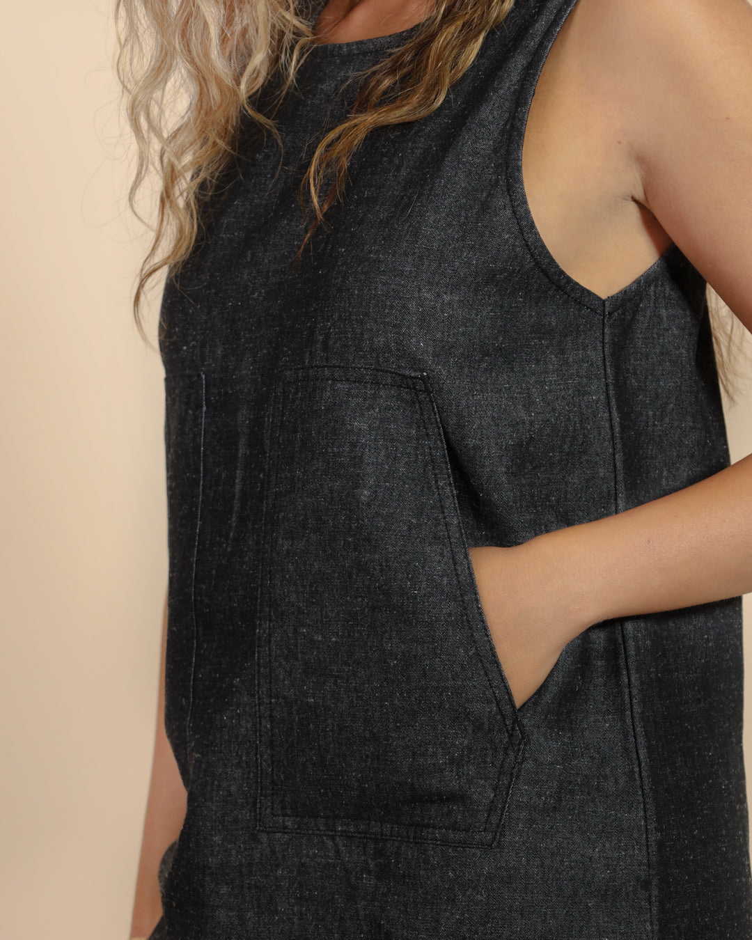Close-up of neckline and hem on Juana Denim Atelier Shift Dress, showing precision tailoring pockets and clean finish.
