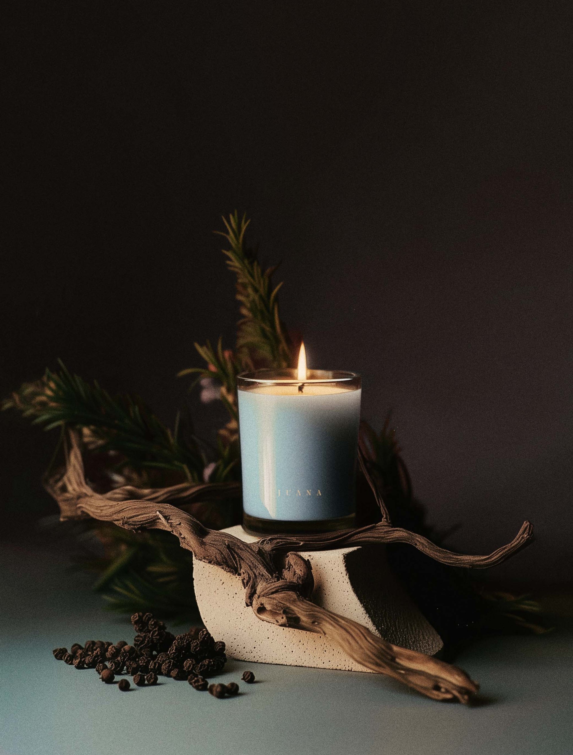 Juana Cassis + Rosemary Focus apothecary candle with ikebana-inspired botanical arrangement, vegan coco-apricot wax, eco-friendly.