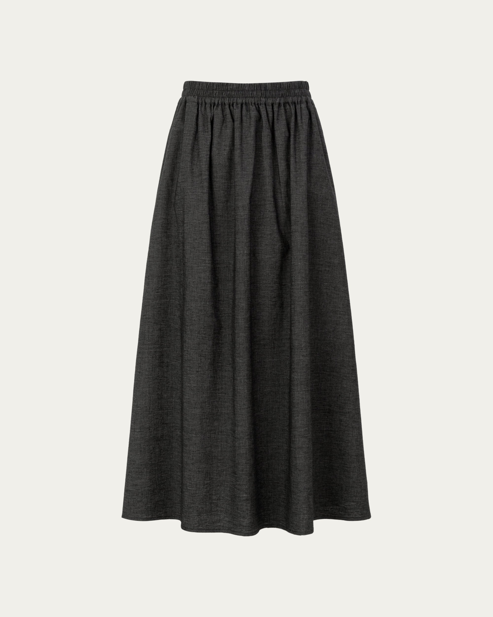 Hemp Blend Maxi Skirt (black) on ghost mannequin, front view highlighting clean waistband and pleats.
