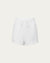 Fleece Shorts (white) on ghost mannequin, front view highlighting relaxed silhouette.