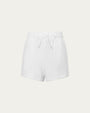 Fleece Shorts (white) on ghost mannequin, front view highlighting relaxed silhouette.