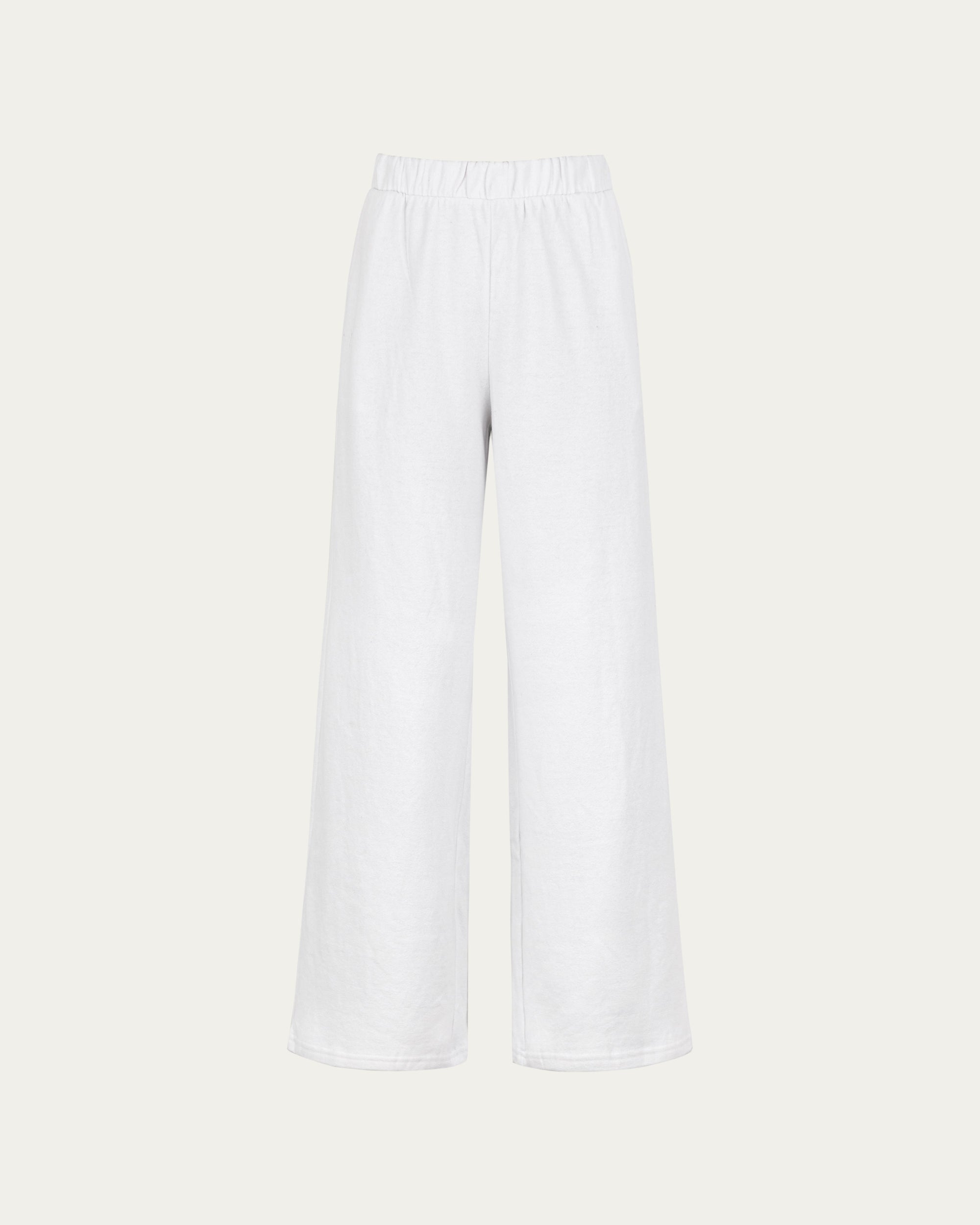 Fleece Sweatpants (white) on ghost mannequin, front view highlighting elastic waistband and cuffs.