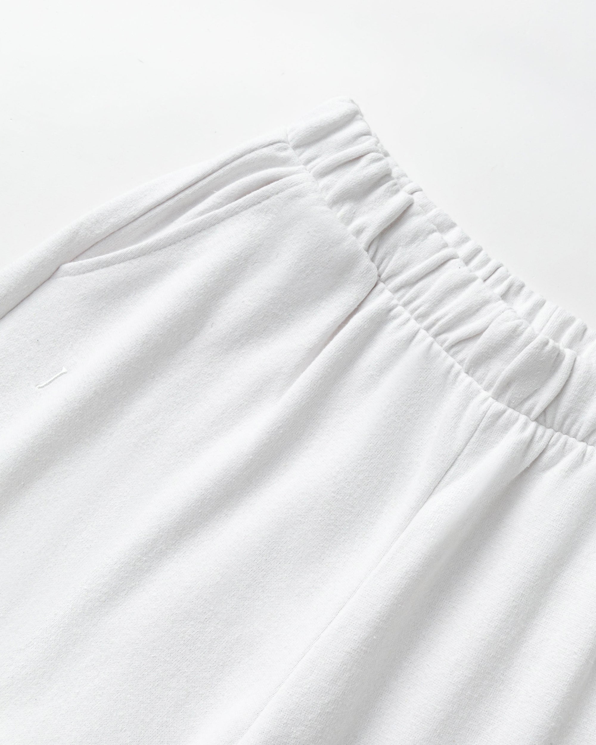 Detail shot of waistband, cuffs, and stitching on Fleece Sweatpants (white).