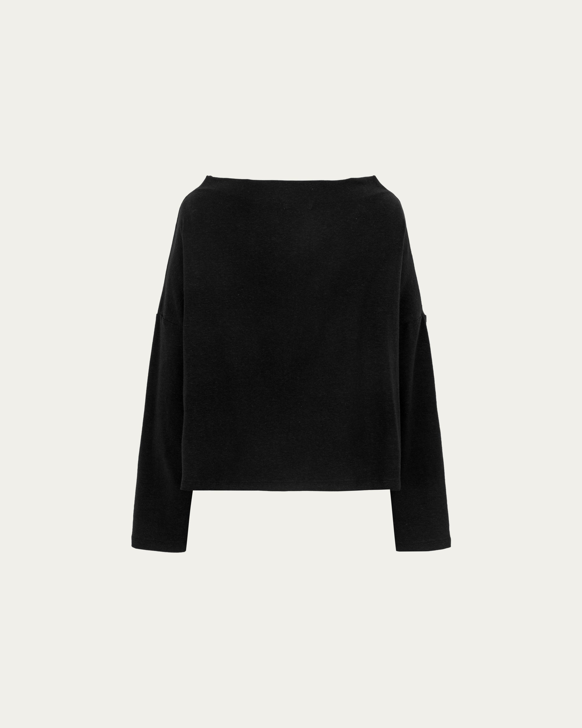 Off The Shoulder Top (black) on ghost mannequin, front view highlighting neckline and clean lines.