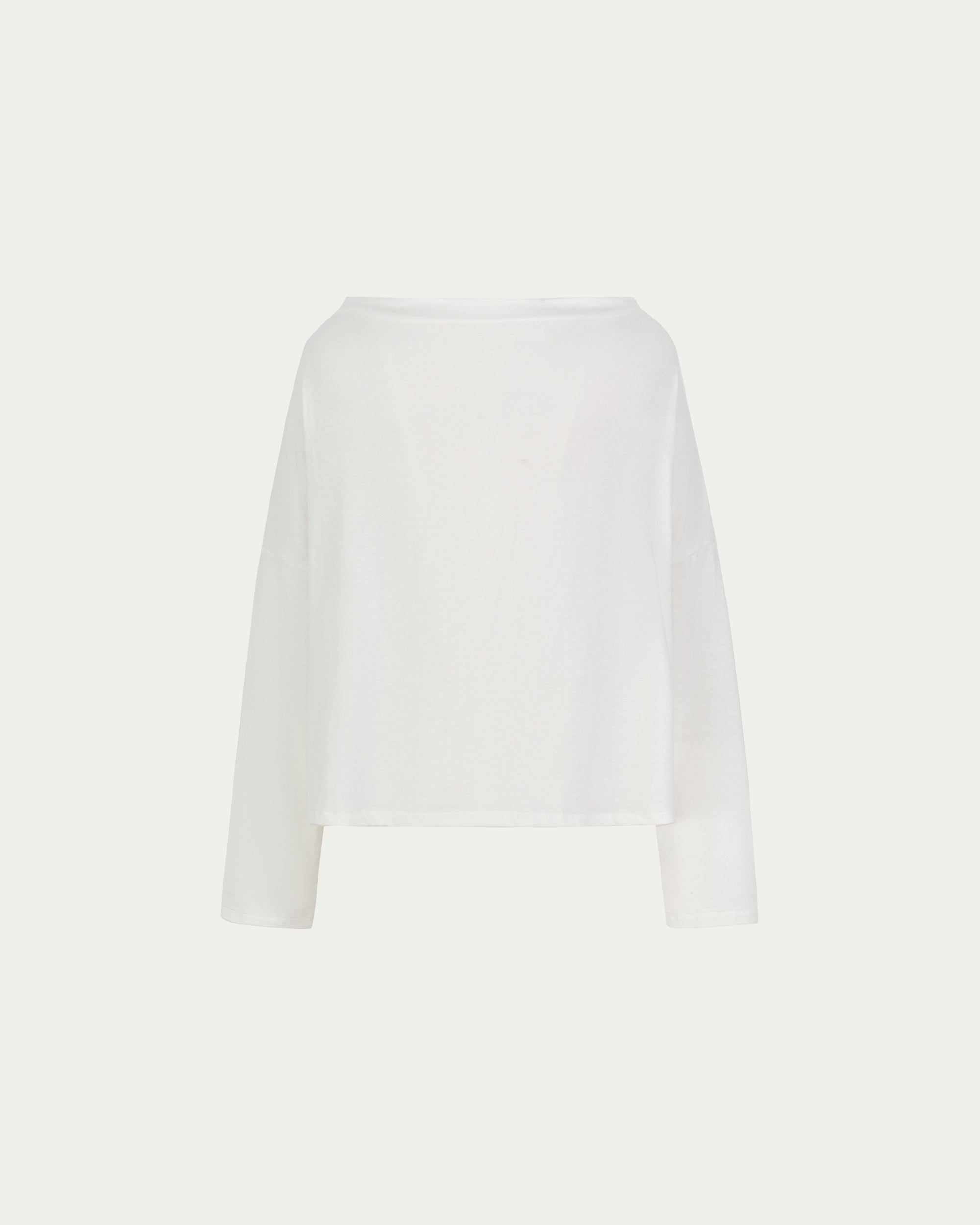 Off The Shoulder Top (white) on ghost mannequin, front view highlighting neckline and clean lines.