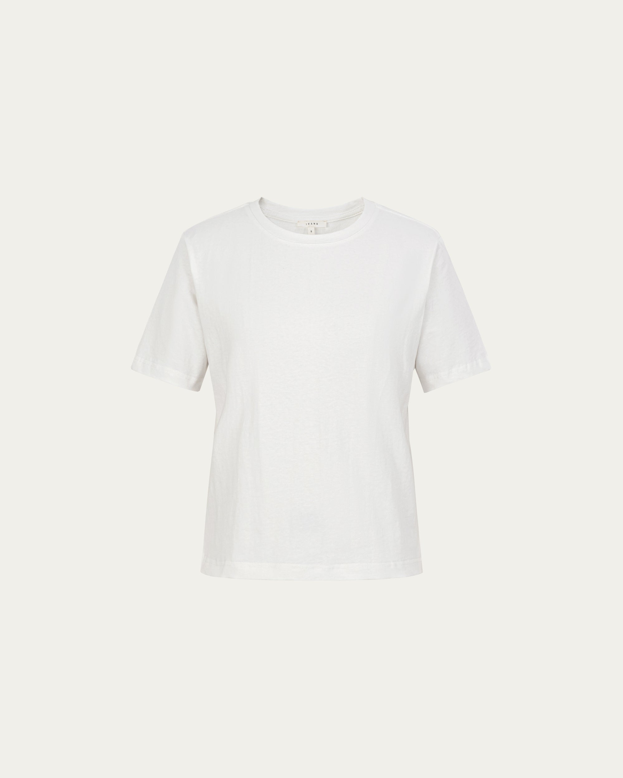 Short Sleeve Tee (white) on ghost mannequin, front view highlighting clean crewneck and short sleeves.