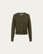 Liora Knitted Hemp Cardigan (camo green) on ghost mannequin, front view highlighting natural shell buttons and waist-framing silhouette..