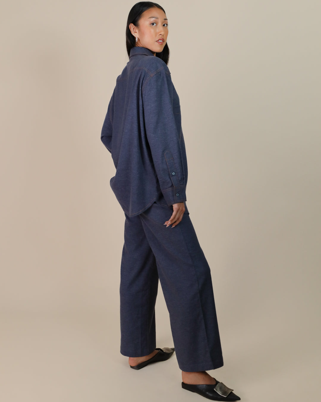 Side view of Juana Lyricist High Rise Pull-on Pants with matching oversized shirt for a coordinated outfit.