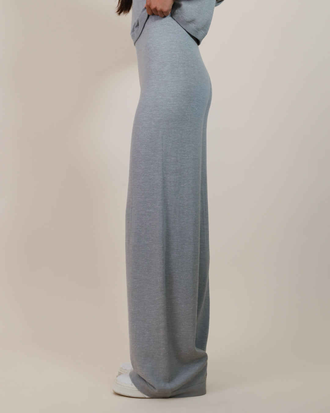 Details of Juana Nilo Knitted Hemp Pull-on Pants fabric, showing soft, sustainable material and texture.