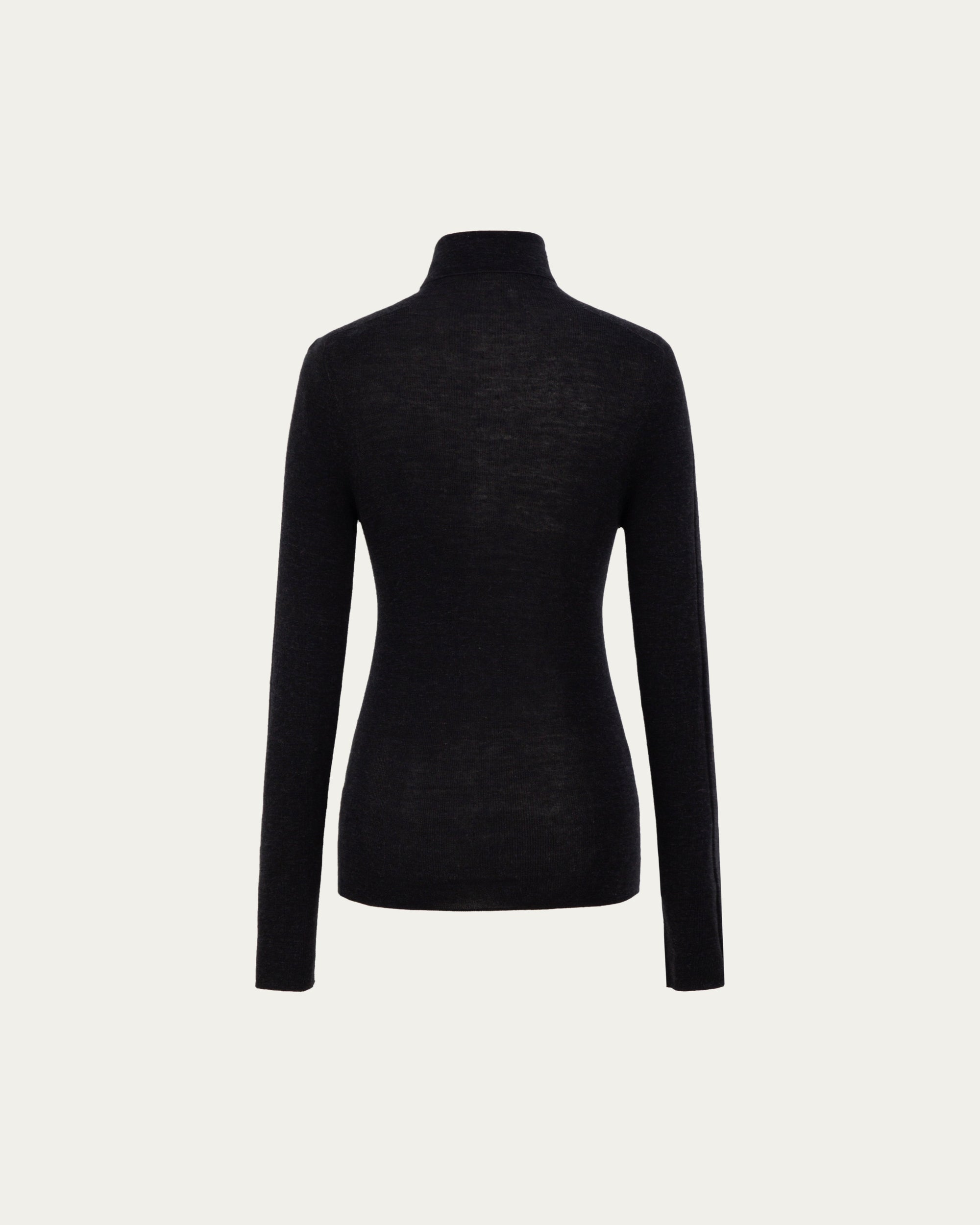 Ossa Knitted Hemp Turtleneck (black) on ghost mannequin, back view showing refined knit and close fit.