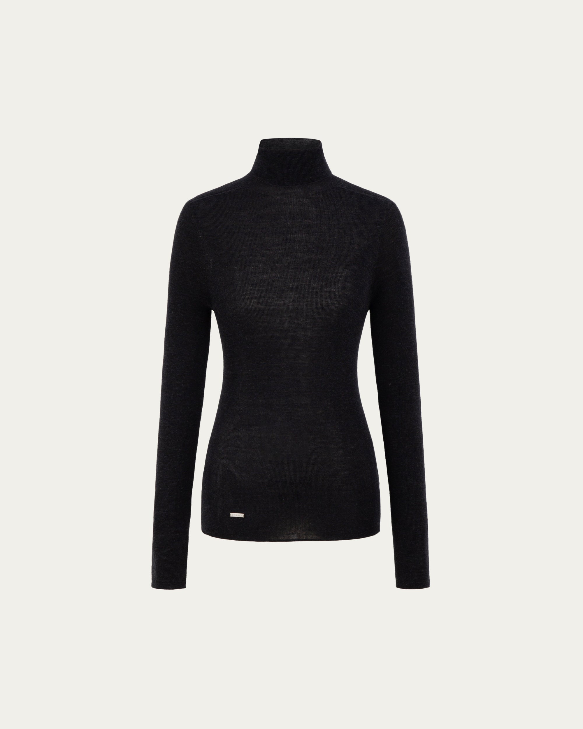 Ossa Knitted Hemp Turtleneck (black) on ghost mannequin, front view highlighting clean neckline and smooth drape.