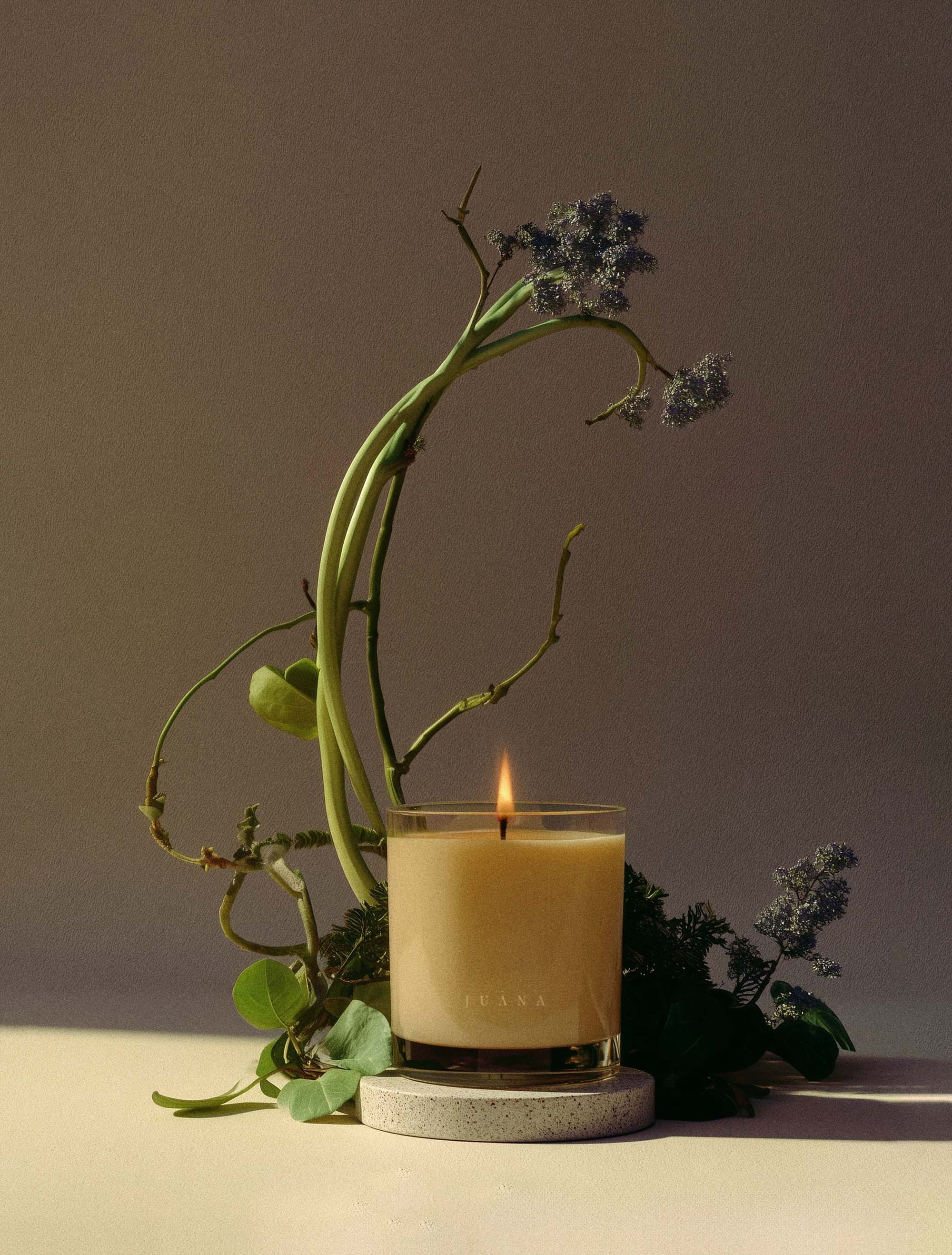 Juana Cypress + Mint Recovery apothecary medium candles beside a flower in vase, vegan, eco-friendly.