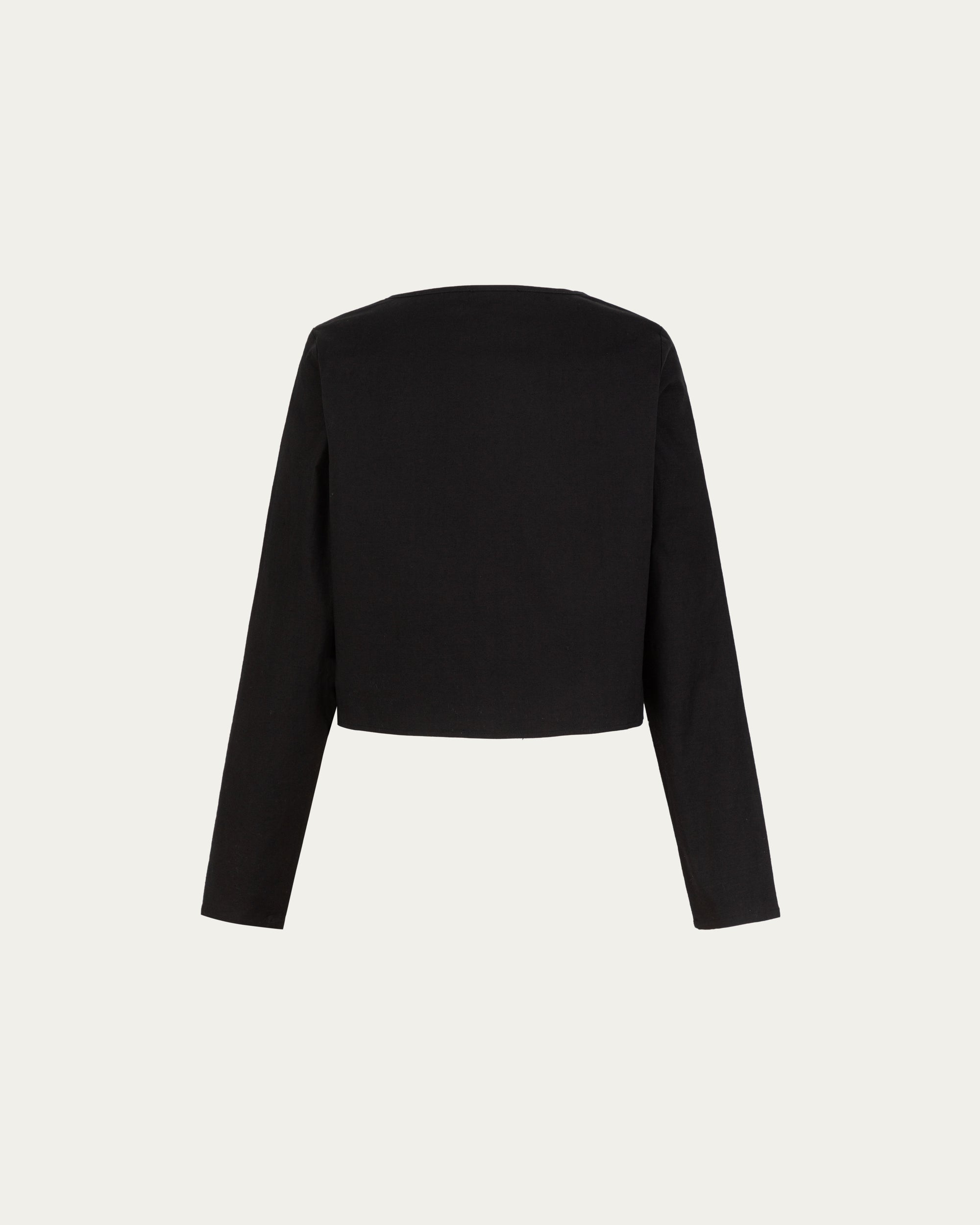 Juana Aella Long Sleeve Woven Top (black) on ghost mannequin, back view showing clean lines and drape.