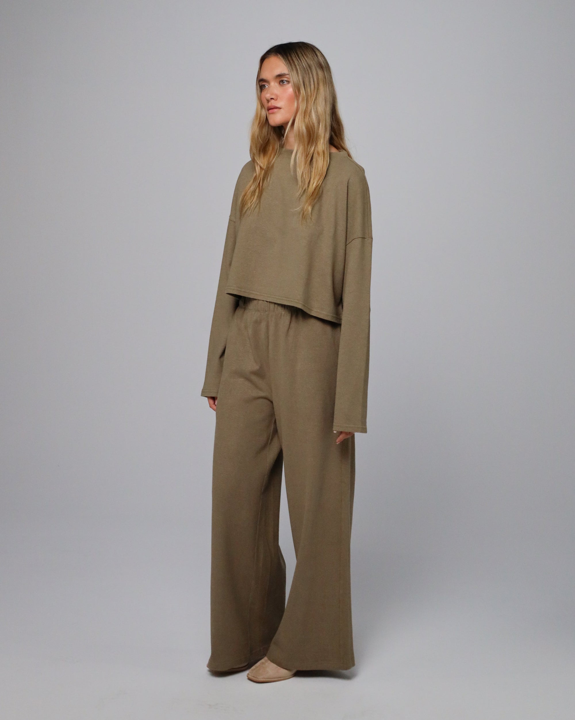 Full-body view of Juana Aera Boxy Sweater with matching Aera Pull-on Pants for a coordinated set.