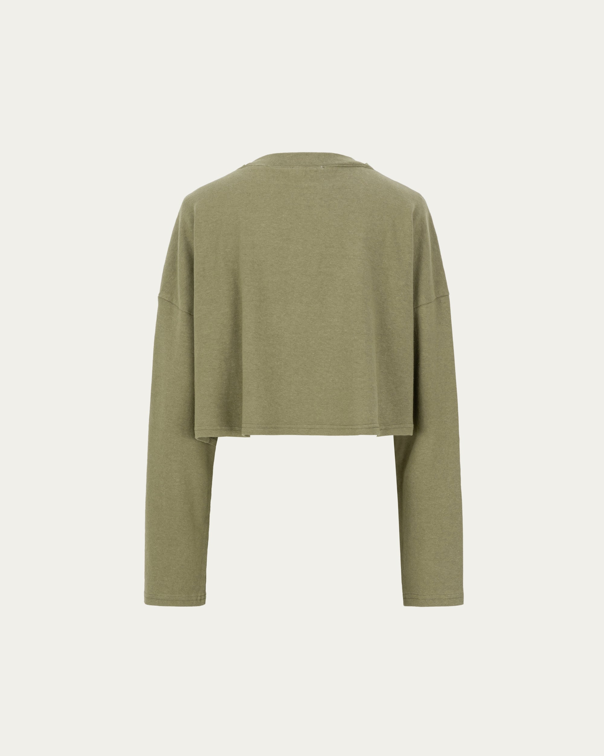 Juana Aera Organic Cotton Boxy Sweater displayed on ghost mannequin, back view highlighting cropped cut.