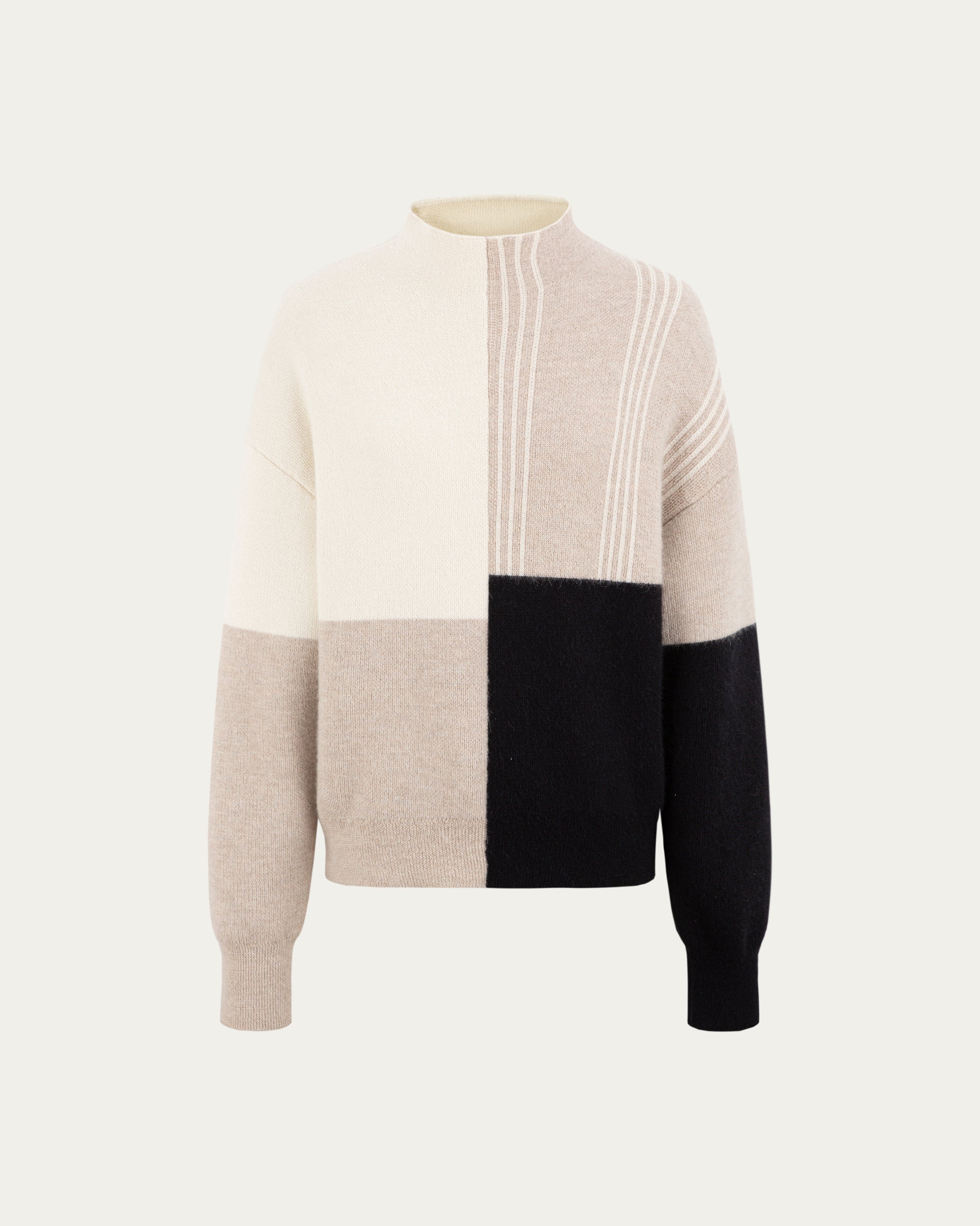Juana Alpaca Crewneck Sweater in Cream/Black (baby alpaca wool–knit) shown from the front with artisan color blocking.