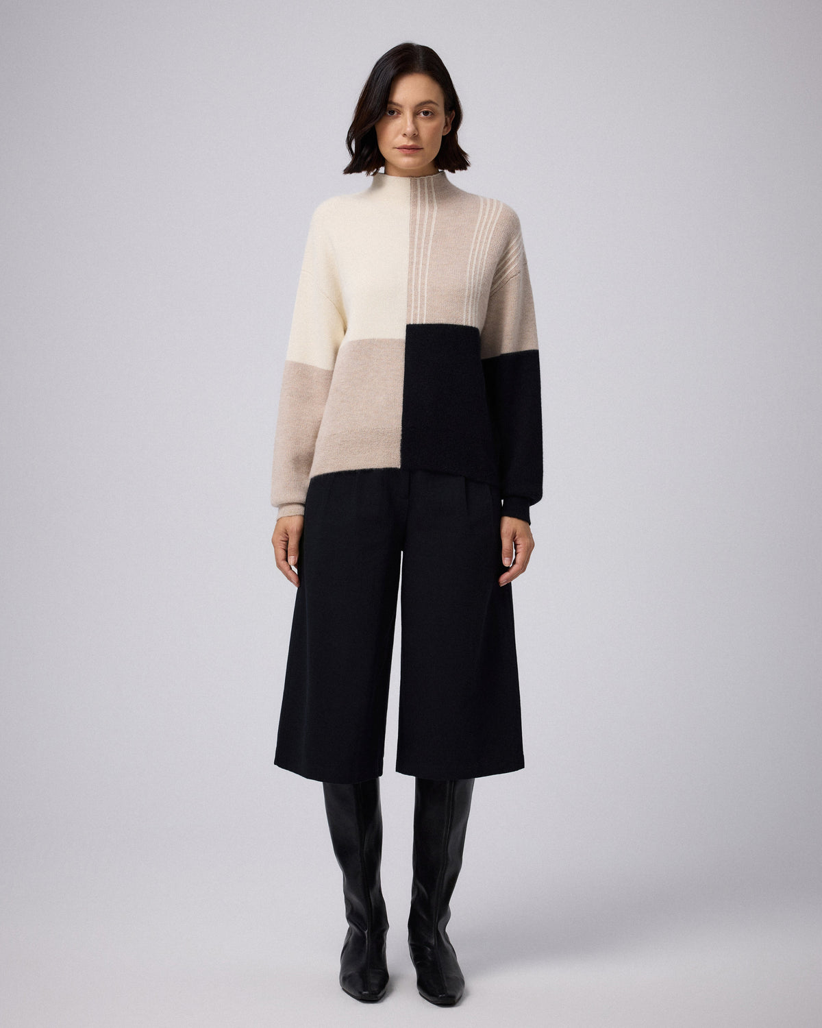 Juana Alpaca Crewneck Sweater in Cream/Black (baby alpaca wool–knit) styled in a complete look with color-blocked detailing.