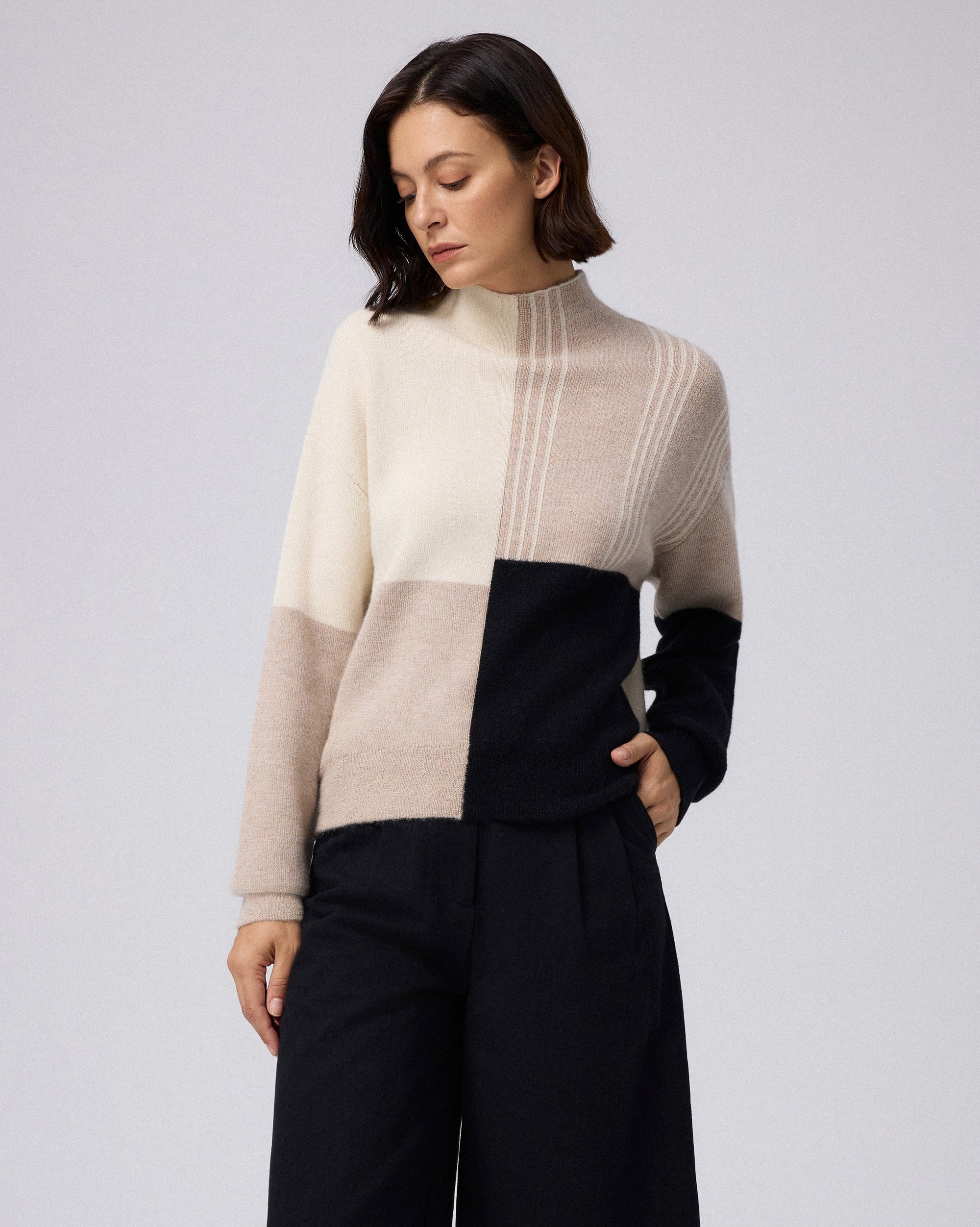 Juana Alpaca Crewneck Sweater in Cream/Black (baby alpaca wool–knit) styled as an elevated everyday pullover.