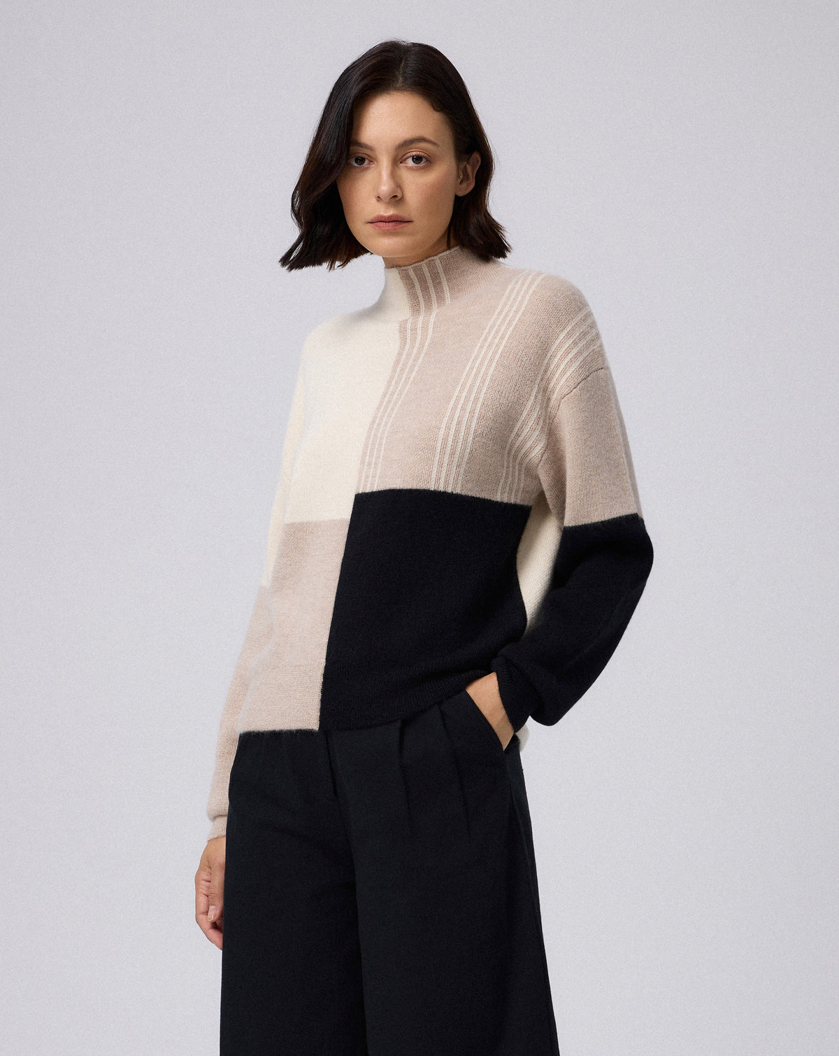 Juana Alpaca Crewneck Sweater in Cream/Black (baby alpaca wool–knit) layered with relaxed wardrobe separates.
