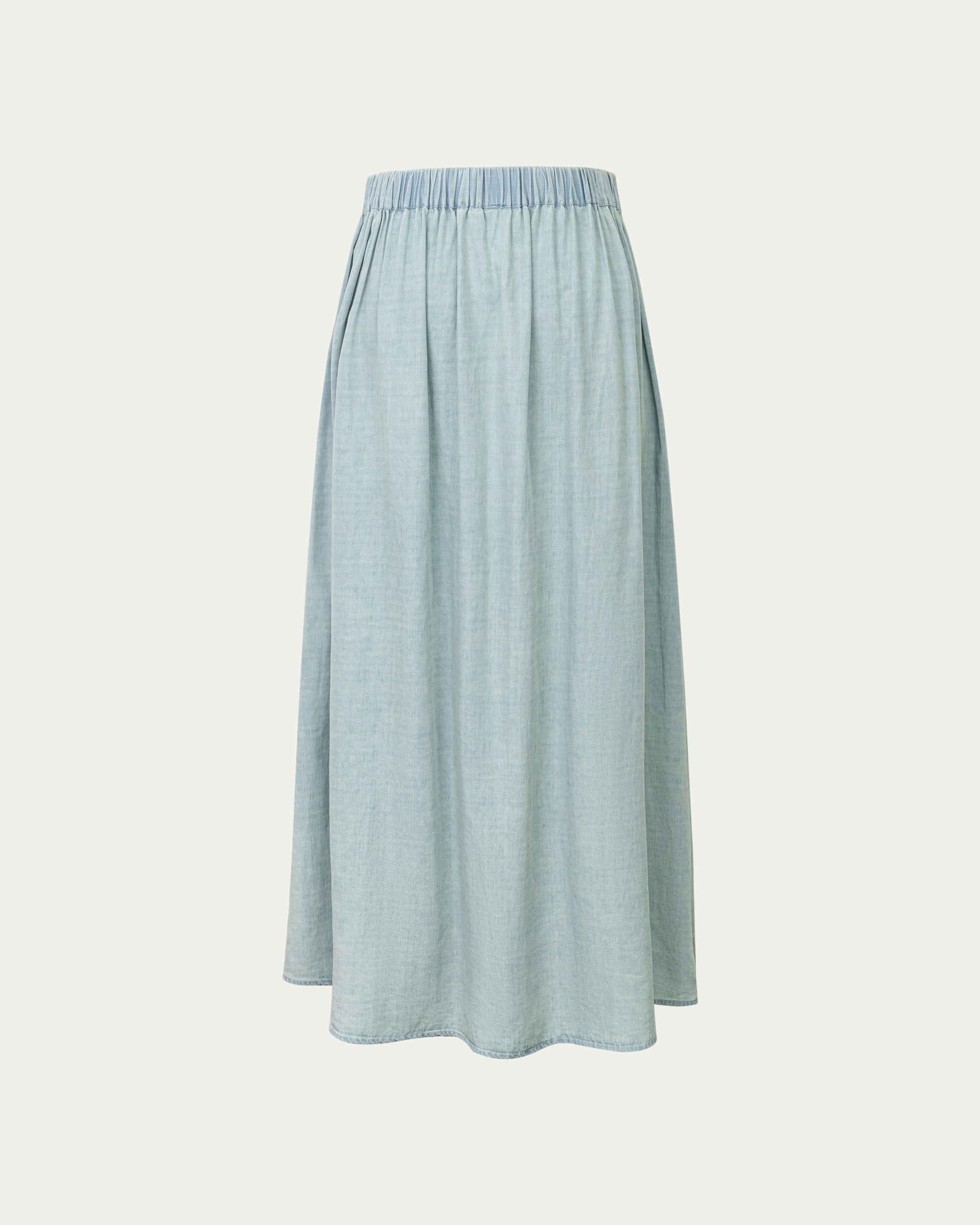 Juana Amaia Pleated Maxi Skirt Chambray blue (sustainable tencel–cotton–hemp) ghost back view showing elasticized back waistband