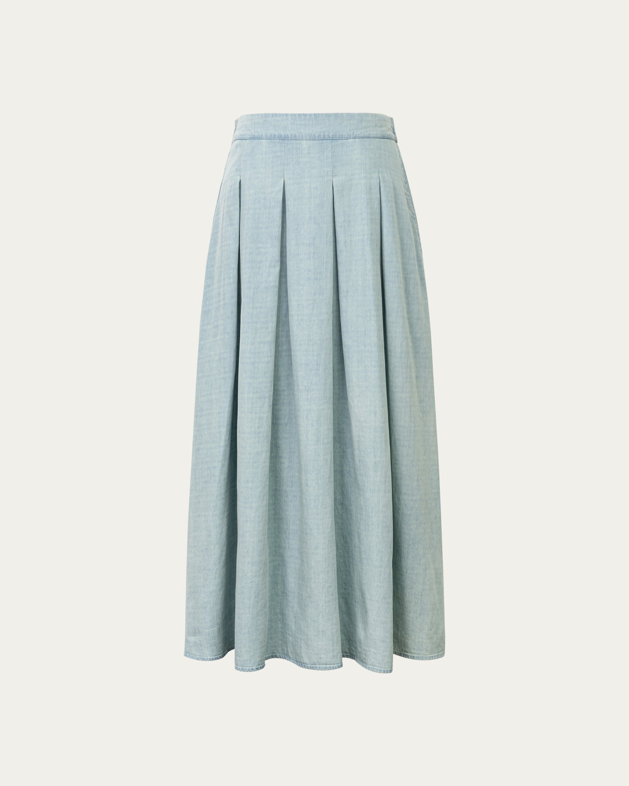 Juana Amaia Pleated Maxi Skirt Chambray blue (sustainable tencel–cotton–hemp) ghost front view highlighting clean waist and pleats