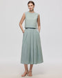 Juana Amaia Pleated Maxi Skirt Chambray blue (sustainable tencel–cotton–hemp) model front view showing fluid drape