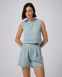 Juana Amaia Shell Top Chambray blue (Tencel–cotton–hemp) paired with matching skirt complete look