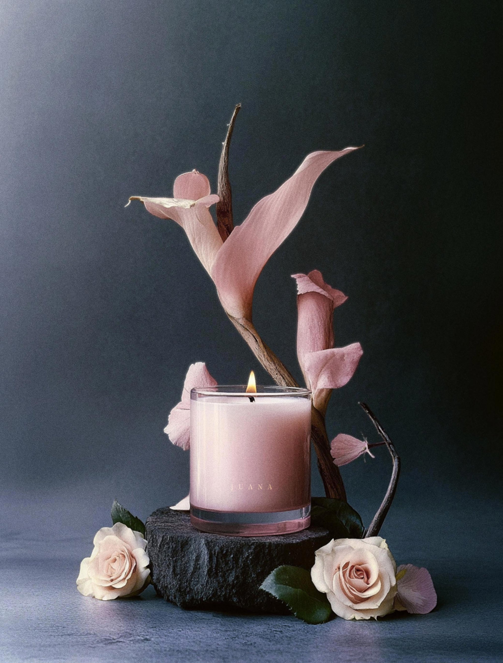 Juana Rose+Jasmine Arouse apothecary medium candle with ikebana-inspired botanical arrangement, vegan coco-apricot wax, eco-friendly.