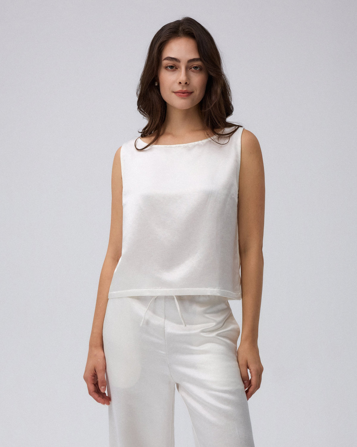 Juana Aven Silk Tank in Pearl White (hemp–silk) worn from the front with a clean boat neckline