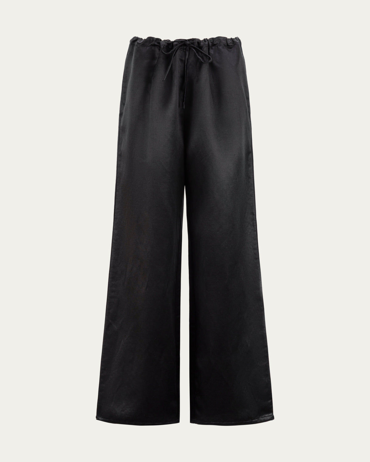 Juana Aven Wide Leg Pants in Black (hemp–silk) shown from the front with a high-rise waist and wide-leg cut.