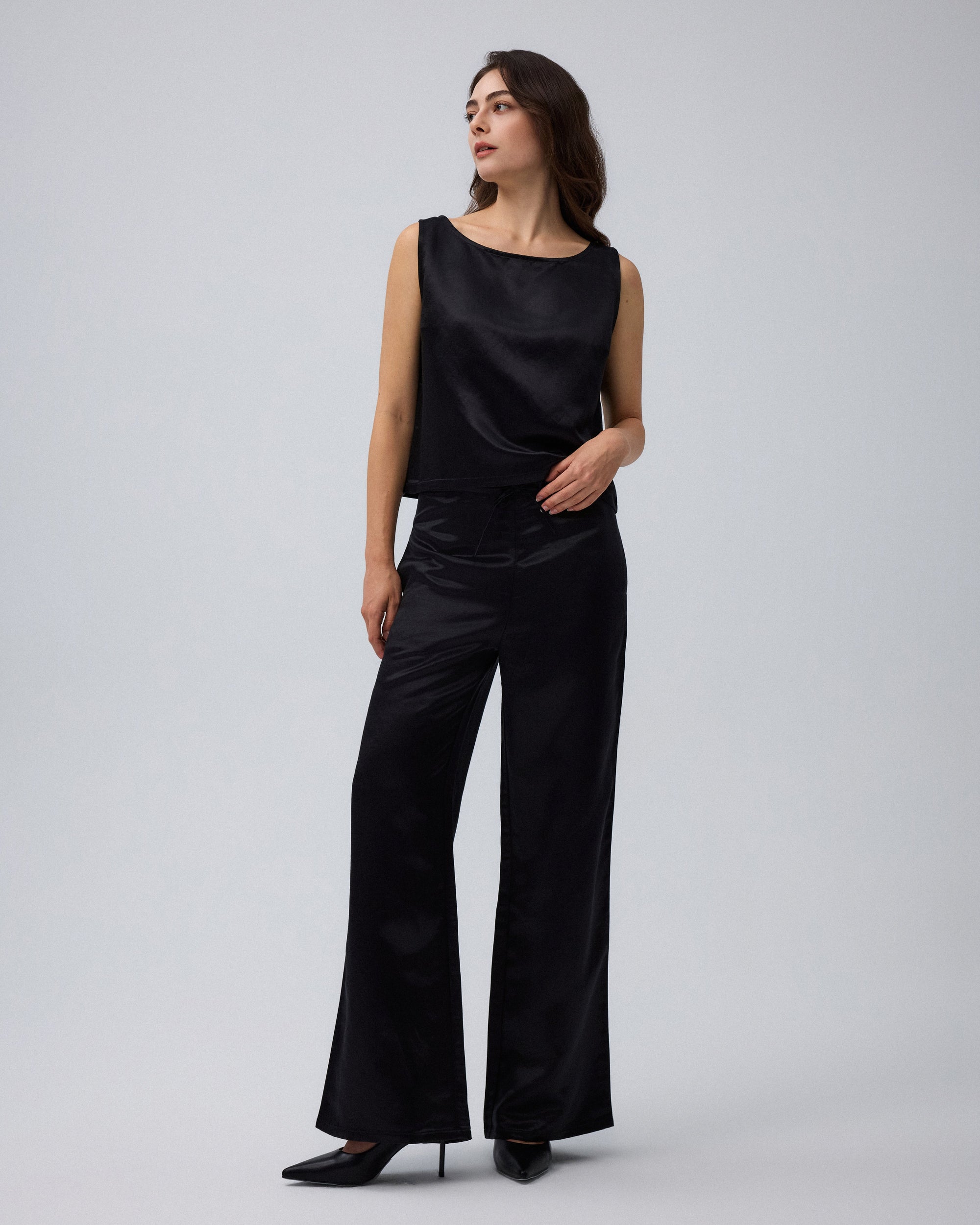 Juana Aven Wide Leg Pants in Black (hemp–silk) styled for an elevated everyday look with a fluid full-length cut.

