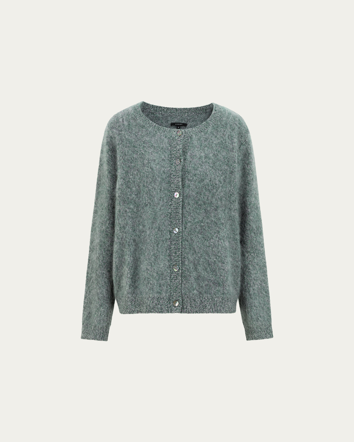 Juana Brushed Wool-Blend Cardigan in Forest Multi (wool–cashmere–silk blend) shown from the front with button closure
