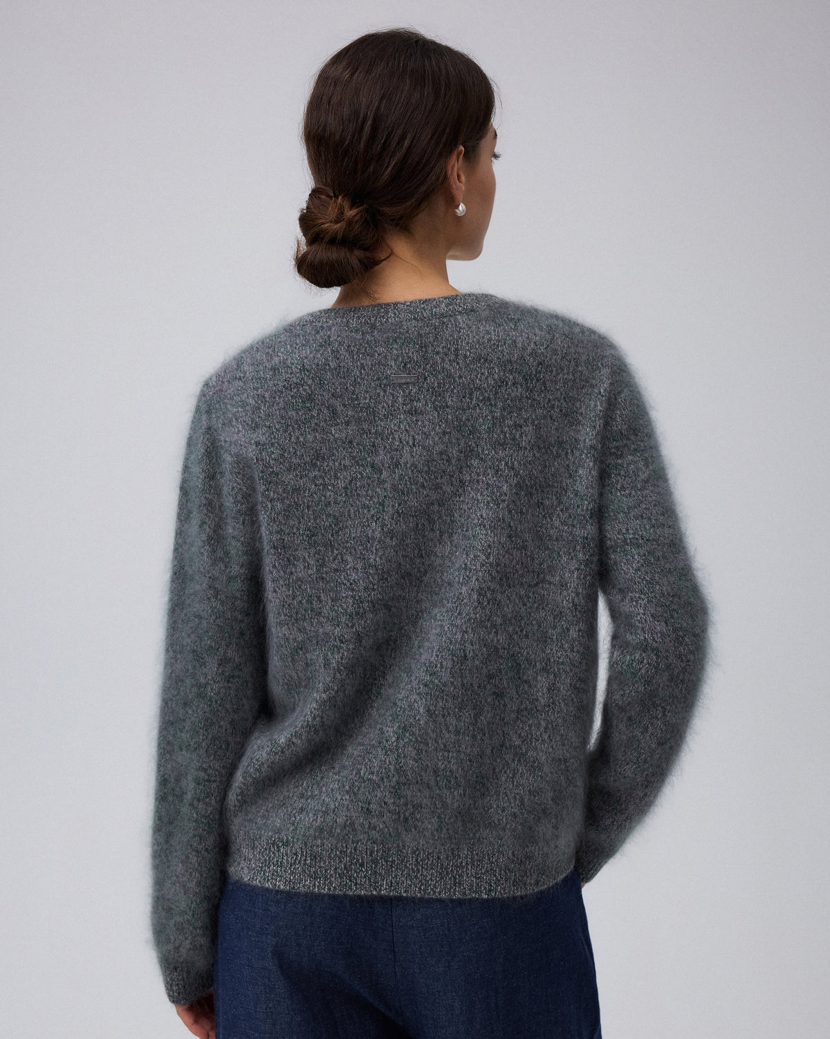 Juana Brushed Wool-Blend Cardigan in Forest Multi (wool–cashmere–silk blend) shown from the back with long sleeves