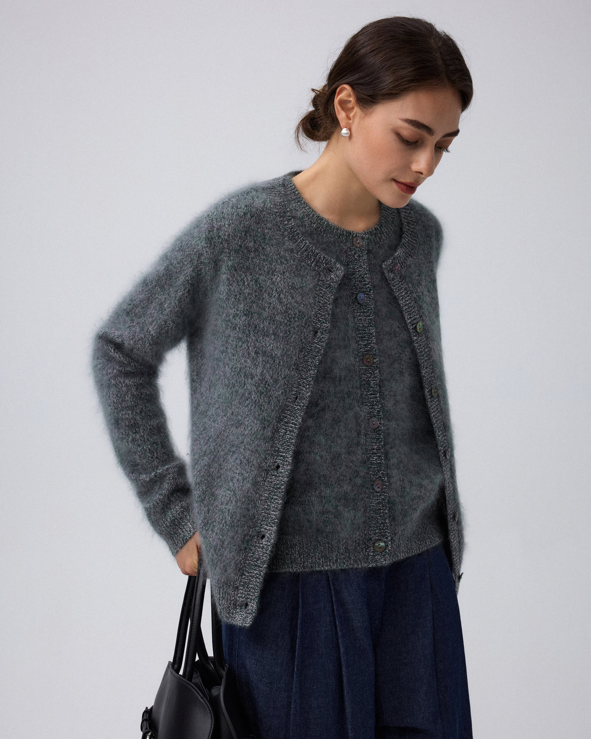 Juana Brushed Wool-Blend Cardigan in Forest Multi (wool–cashmere–silk blend) styled in a complete layered outfit