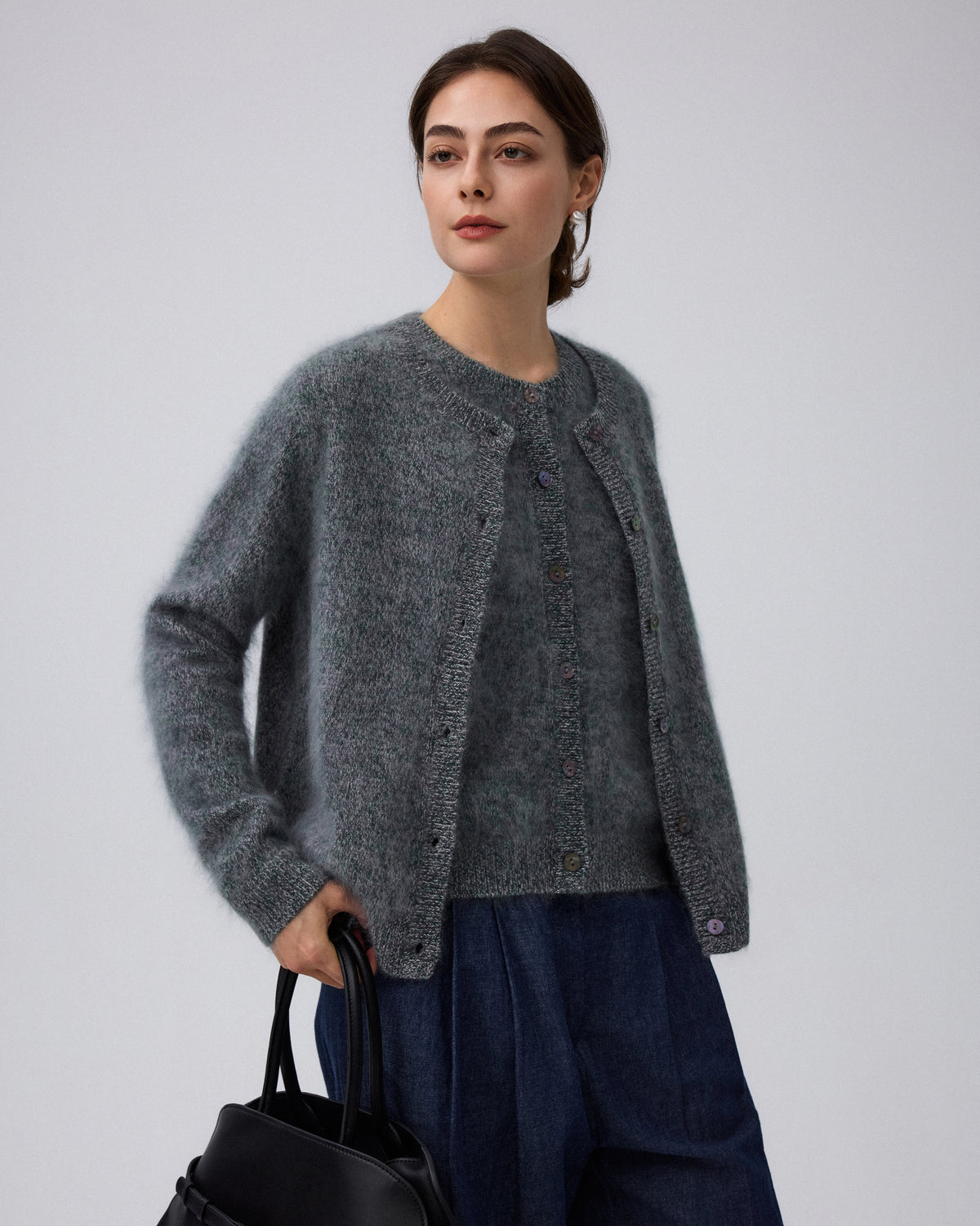 Juana Brushed Wool-Blend Cardigan in Forest Multi (wool–cashmere–silk blend) styled in a complete layered outfit