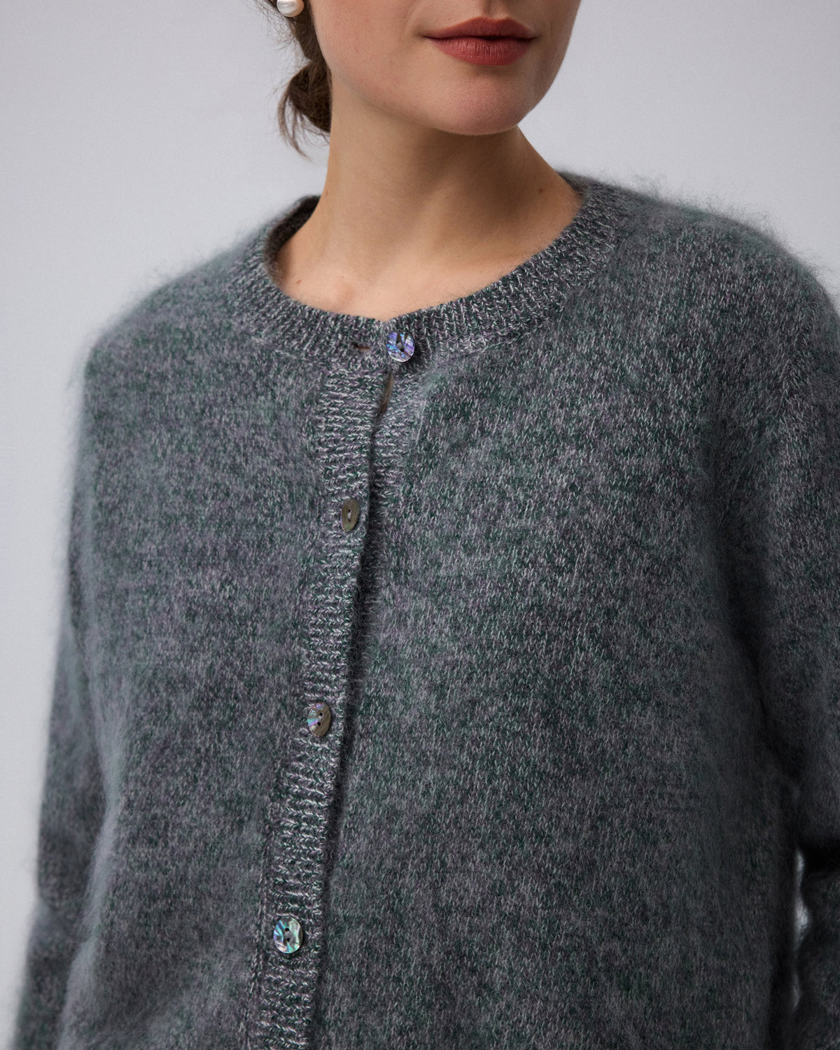 Juana Brushed Wool-Blend Cardigan in Forest Multi (wool–cashmere–silk blend) showing brushed texture and shell button details