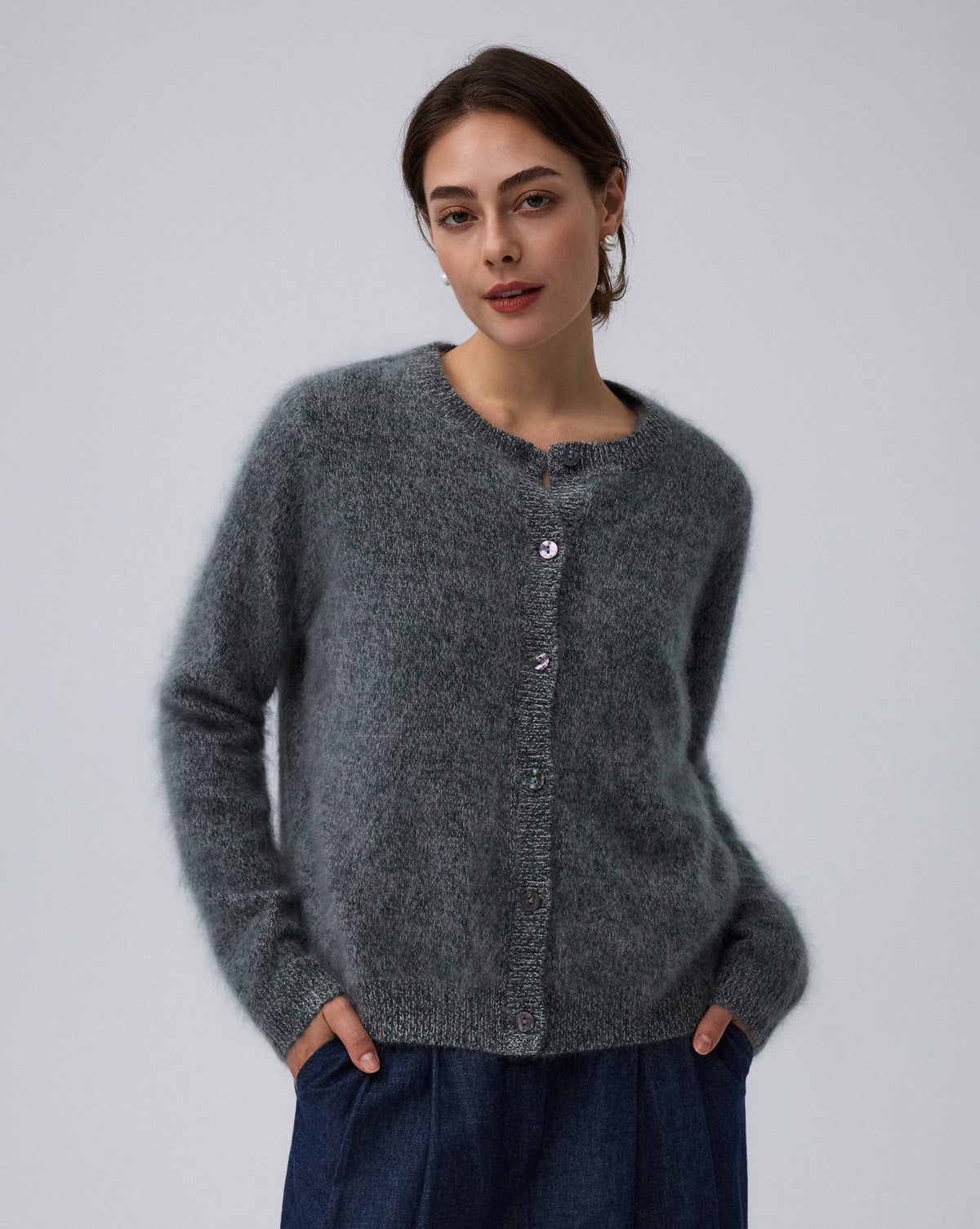 Juana Brushed Wool-Blend Cardigan in Forest Multi (wool–cashmere–silk blend) styled as a soft everyday layer