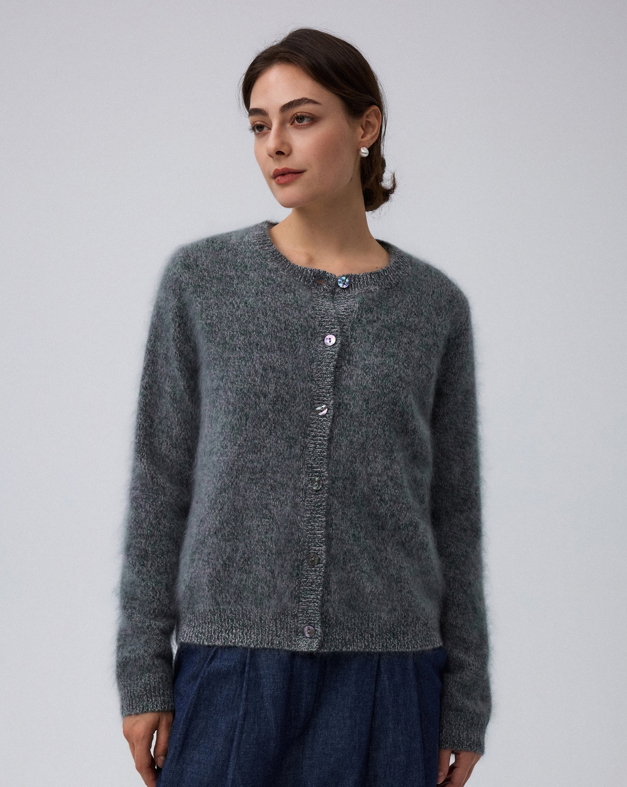 Juana Brushed Wool-Blend Cardigan in Forest Multi (wool–cashmere–silk blend) worn with the natural shell buttons fastened