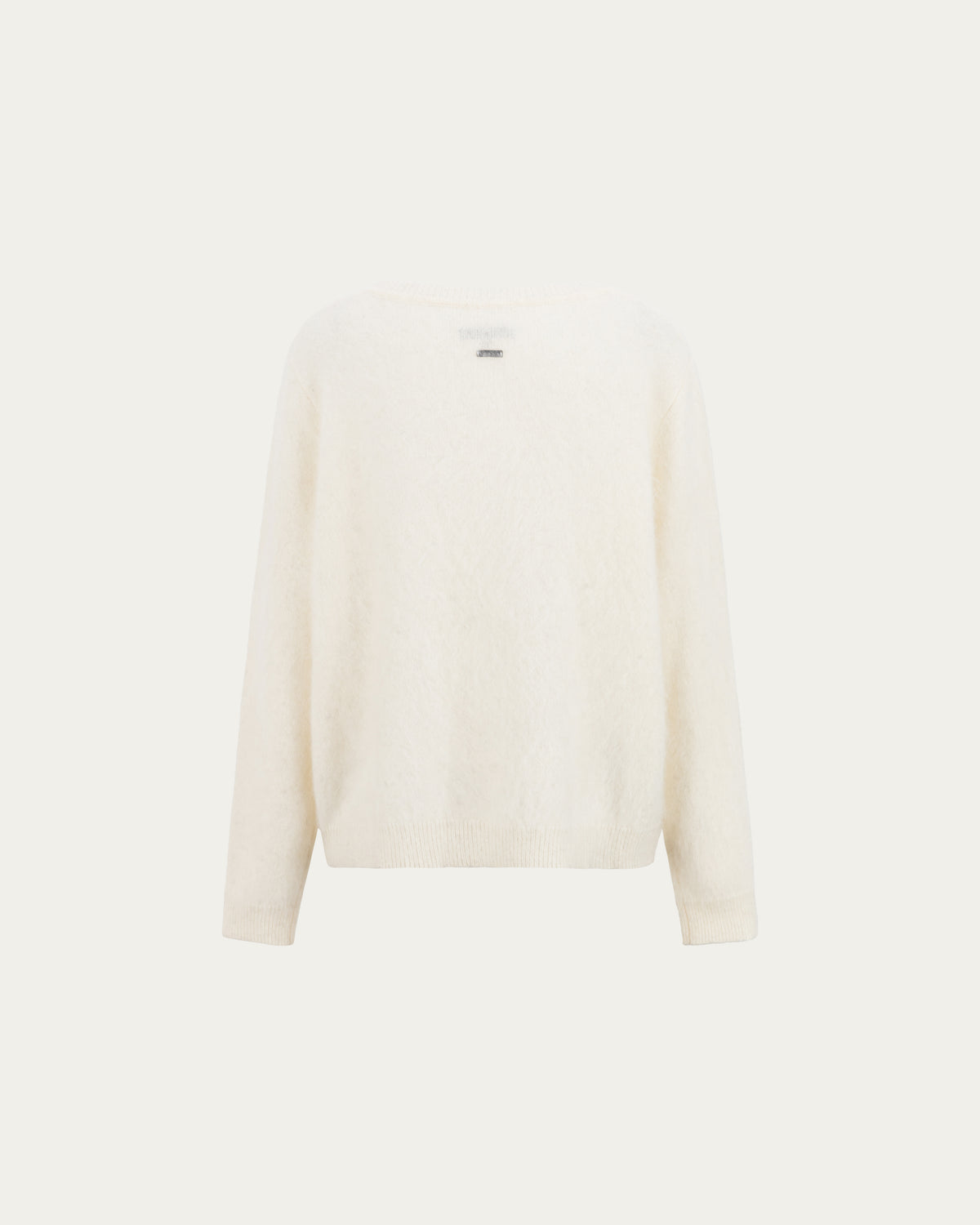 Juana Brushed Wool-Blend Cardigan in Ivory (wool–cashmere–silk blend) shown from the back with a relaxed silhouette