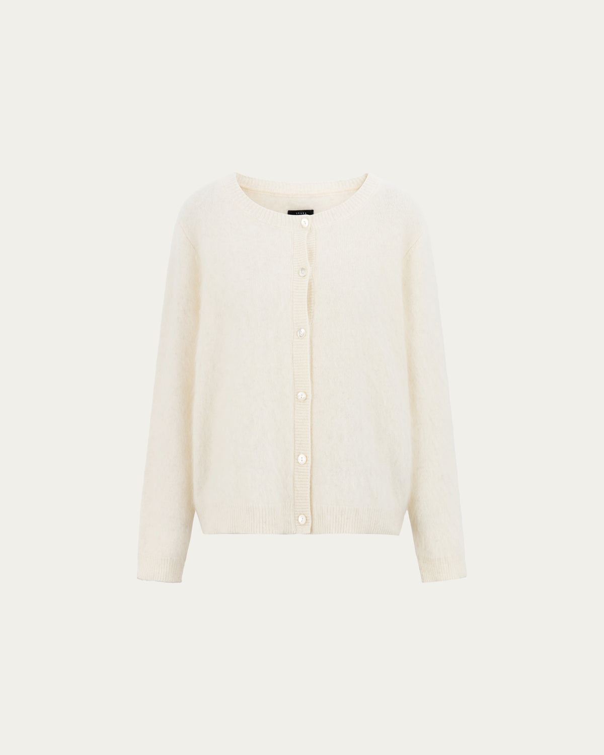 Juana Brushed Wool-Blend Cardigan in Ivory (wool–cashmere–silk blend) shown from the front with button closure