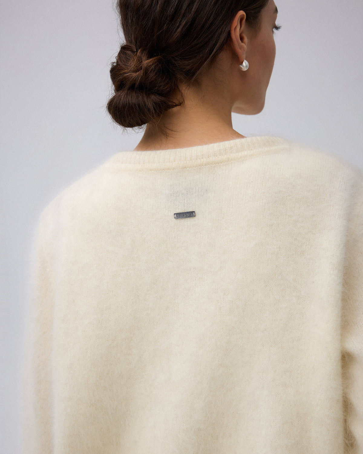 Juana Brushed Wool-Blend Cardigan in Ivory (wool–cashmere–silk blend) shown from the back with long sleeves