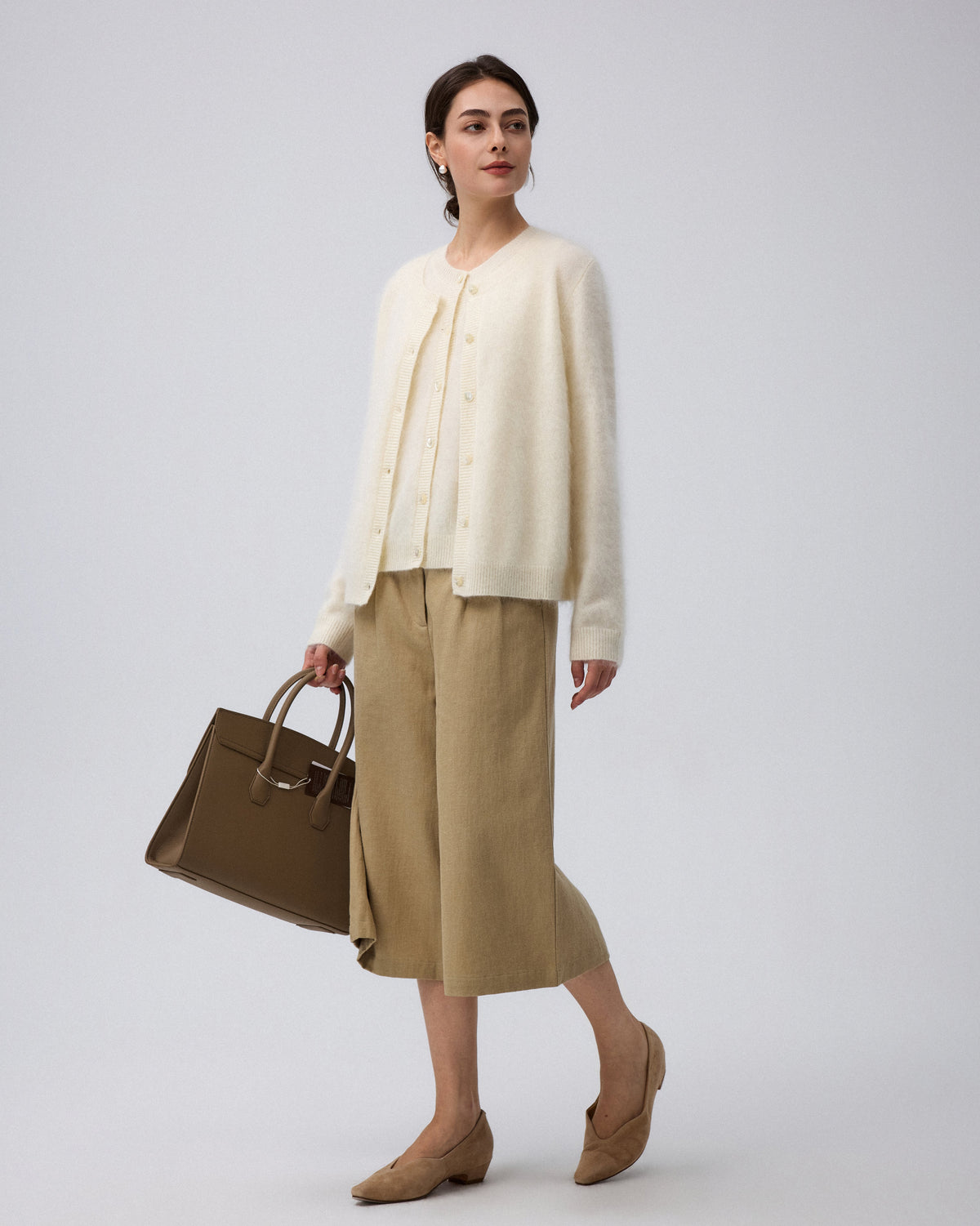 Juana Brushed Wool-Blend Cardigan in Ivory (wool–cashmere–silk blend) styled in a complete layered outfit