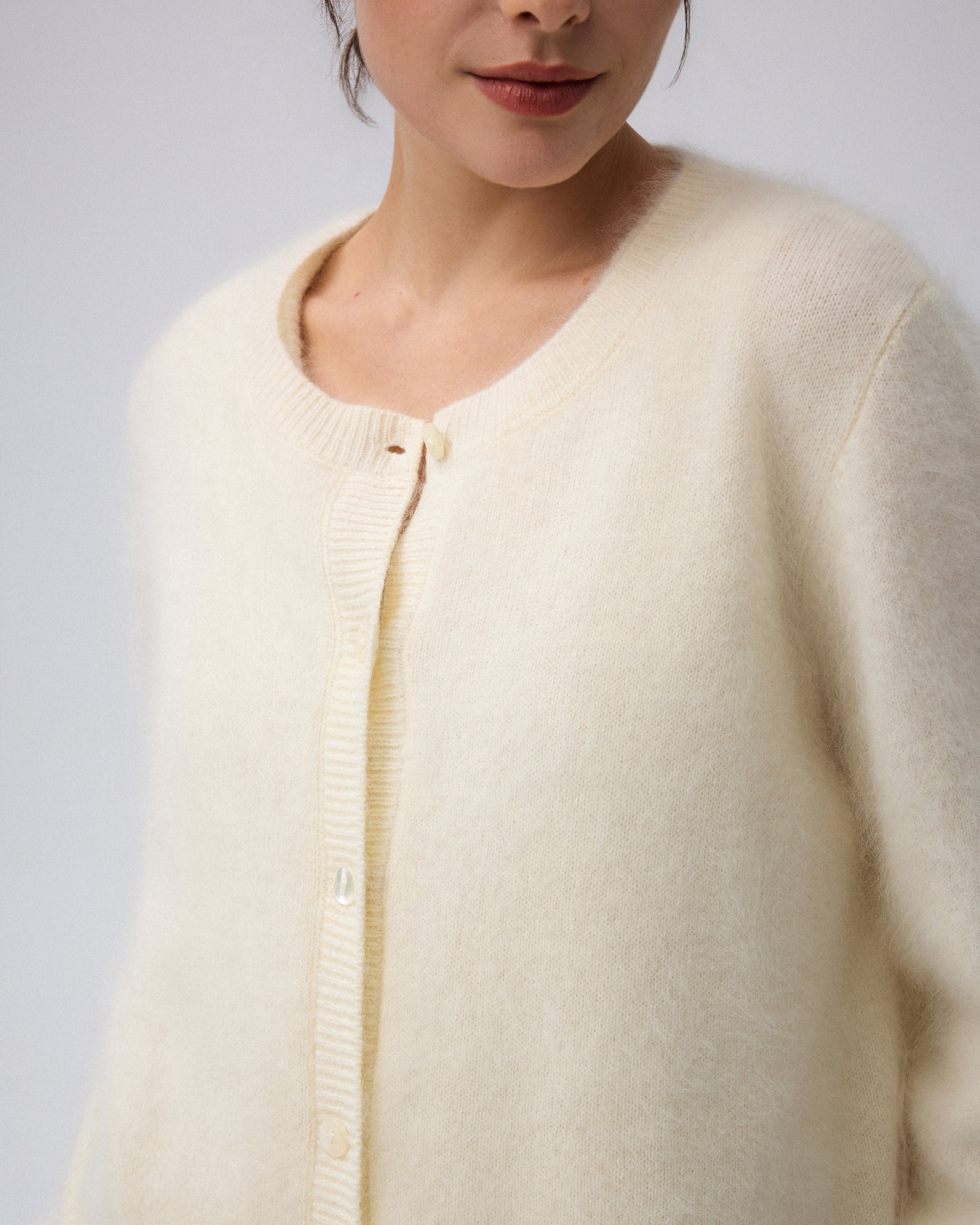 Juana Brushed Wool-Blend Cardigan in Ivory (wool–cashmere–silk blend) showing brushed texture and shell button details