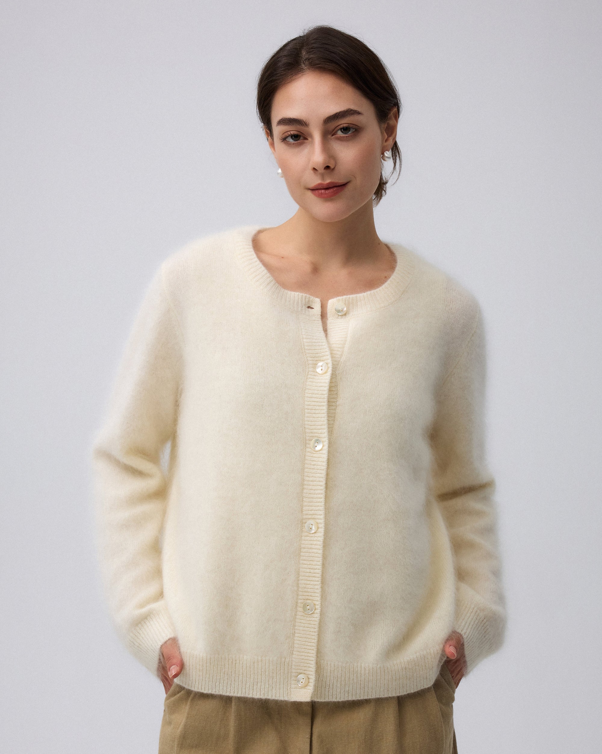 Juana Brushed Wool-Blend Cardigan in Ivory (wool–cashmere–silk blend) styled as a soft everyday layer