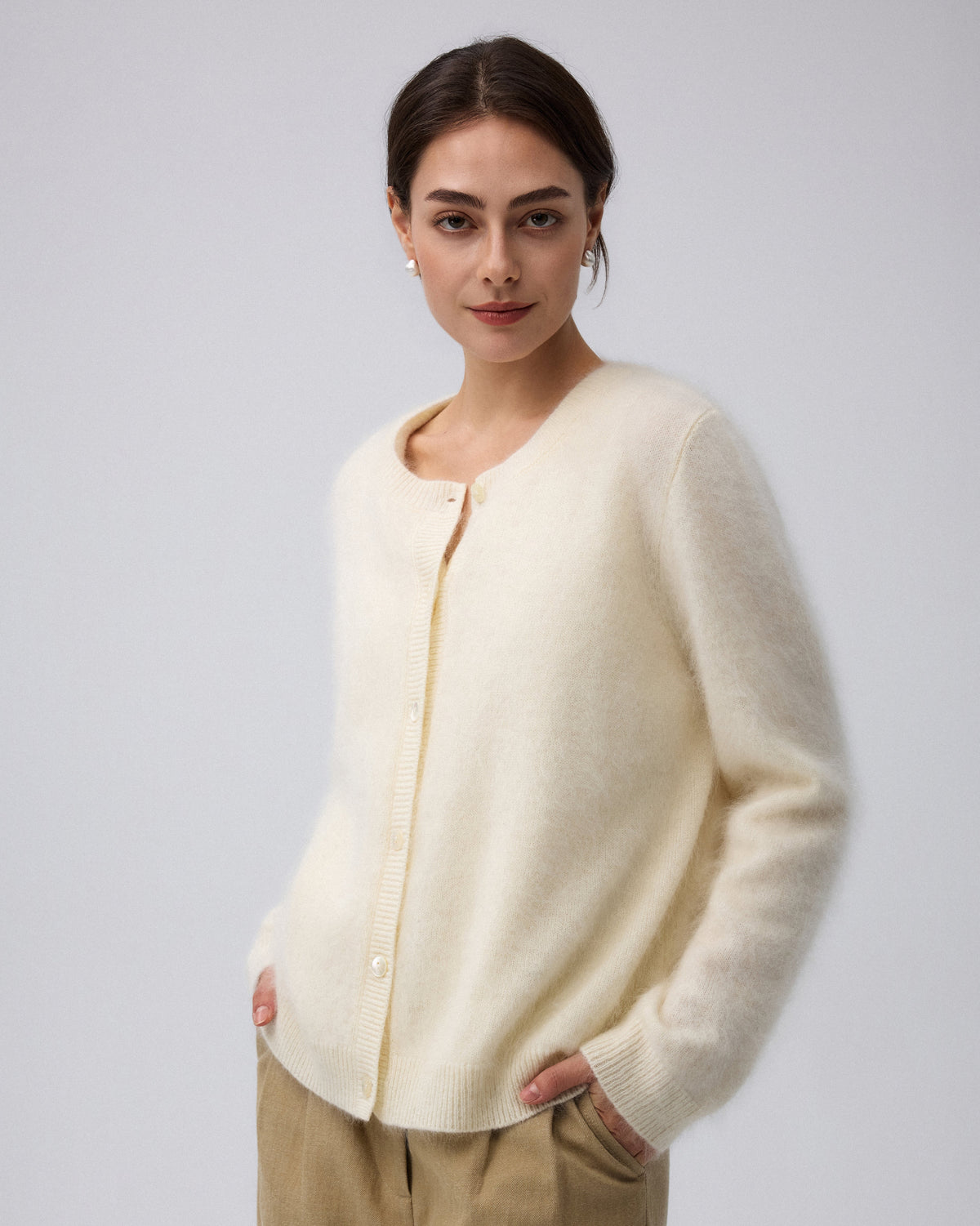 Juana Brushed Wool-Blend Cardigan in Ivory (wool–cashmere–silk blend) worn with the natural shell buttons fastened