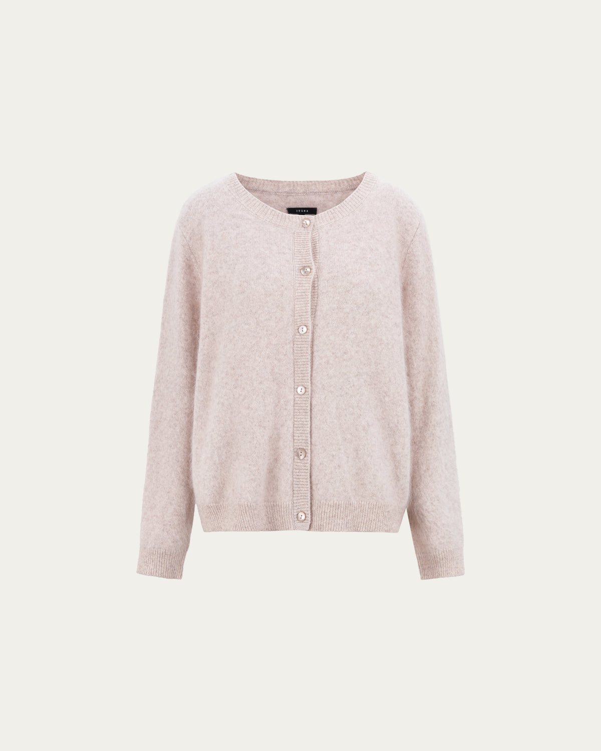 Juana Brushed Wool-Blend Cardigan in Oatmeal Melange (wool–cashmere–silk blend) shown from the front with button closure