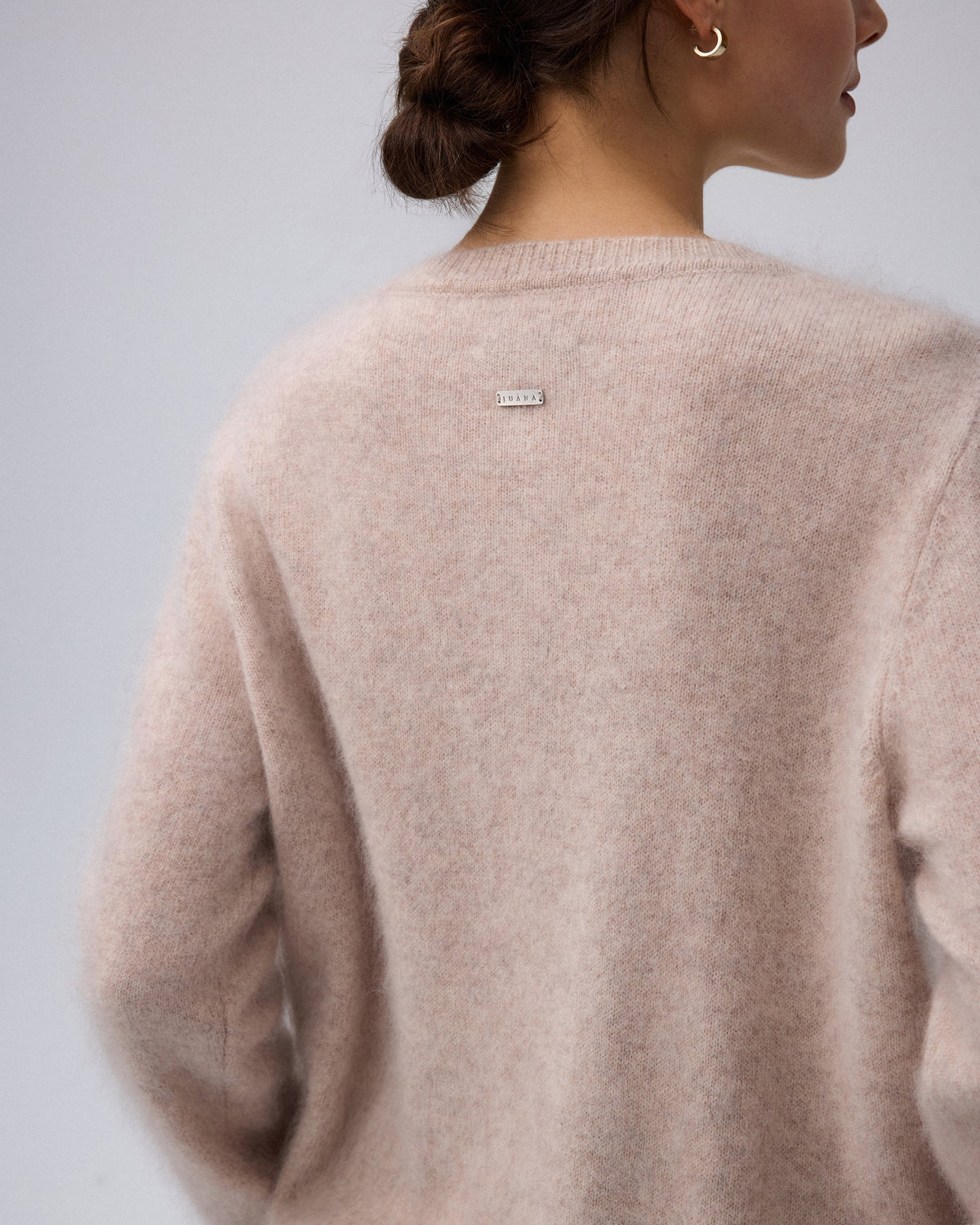 Juana Brushed Wool-Blend Cardigan in Oatmeal Melange (wool–cashmere–silk blend) shown from the back with long sleeves