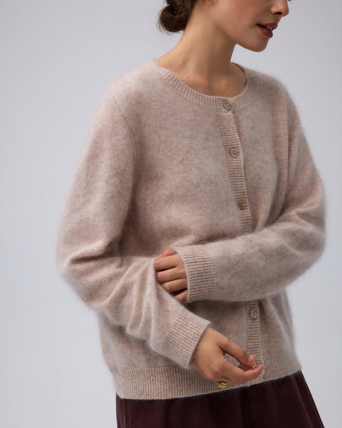 Juana Brushed Wool-Blend Cardigan in Oatmeal Melange (wool–cashmere–silk blend) showing brushed texture and shell button details